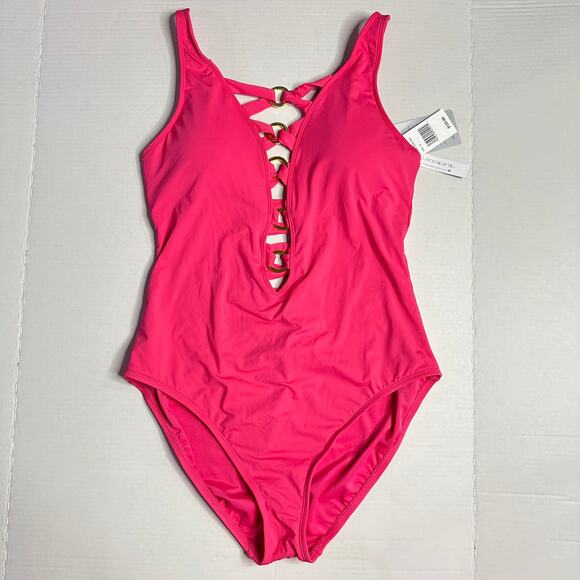 NWT Sz 14 Bleu Rod Beattie Pink One Piece Swimsuit Lace-Up Over Shoulder Resort - Picture 3 of 10